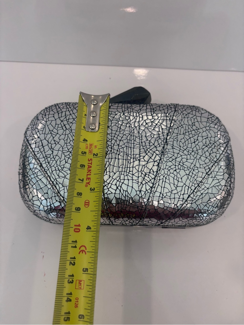 Silver Crackle Hard-Case Evening Clutch with Black Chain by limited edition - Picture 8 of 8